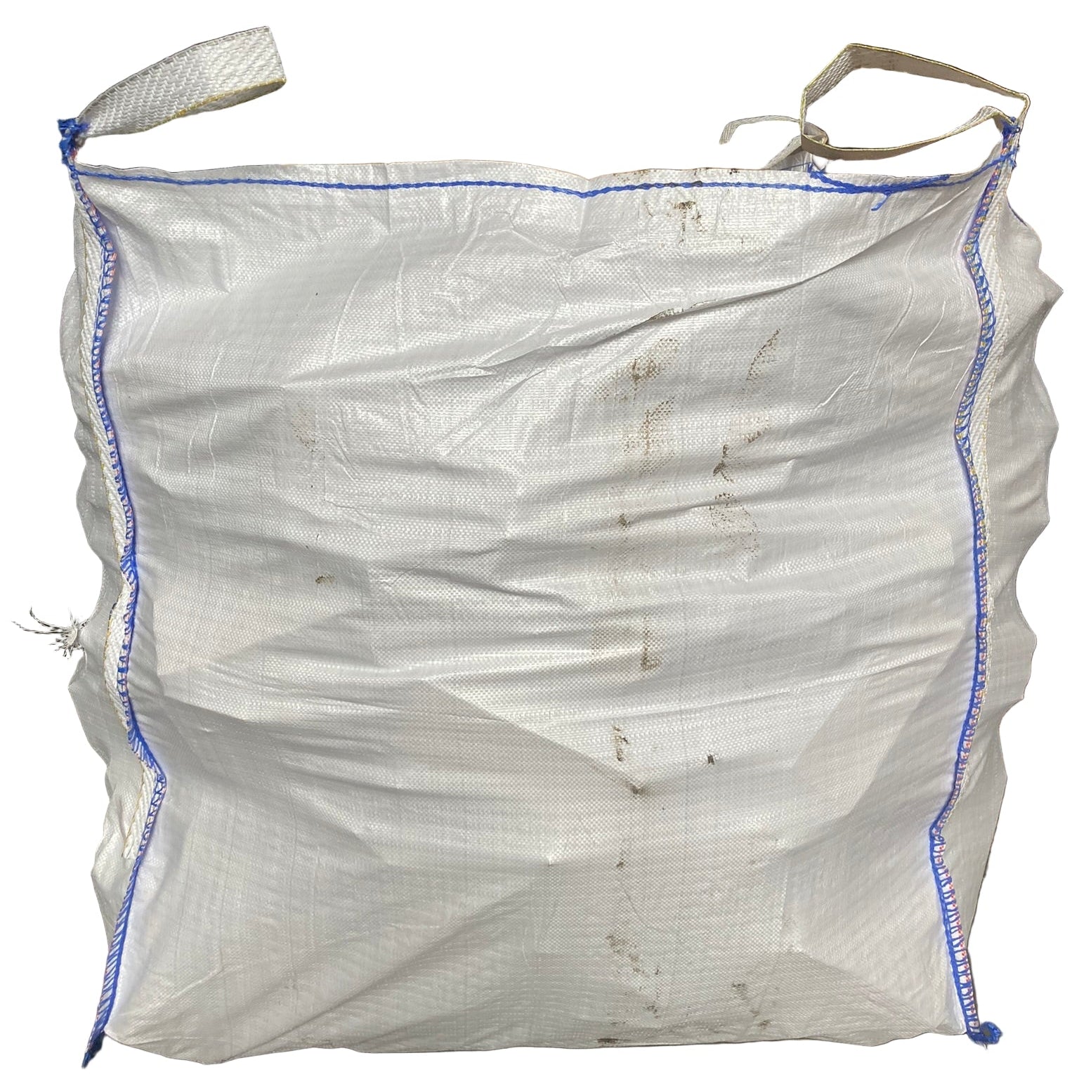 White bulk bag with blue stitching on a white background full of logs kild dried hardwood firewood