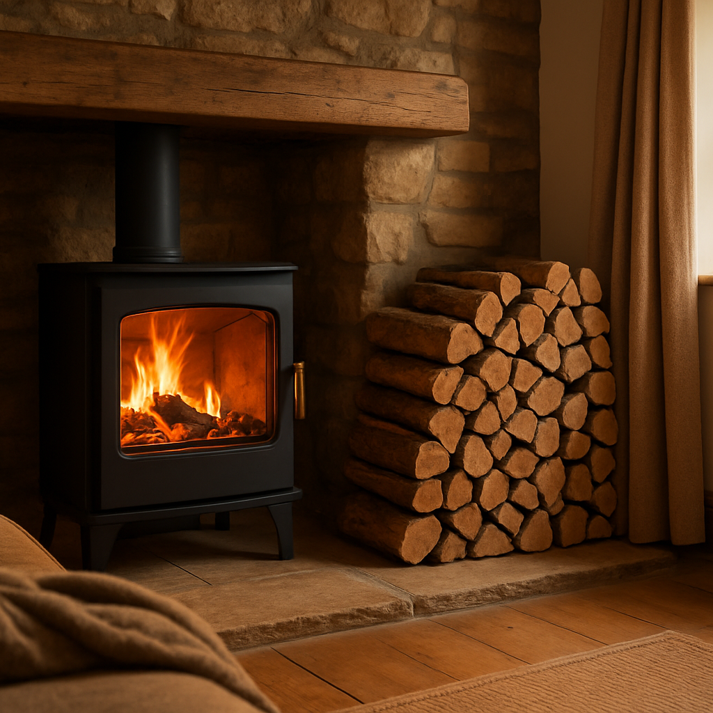 Cozy living room with stone fireplace, wood stove, and stacked logs.