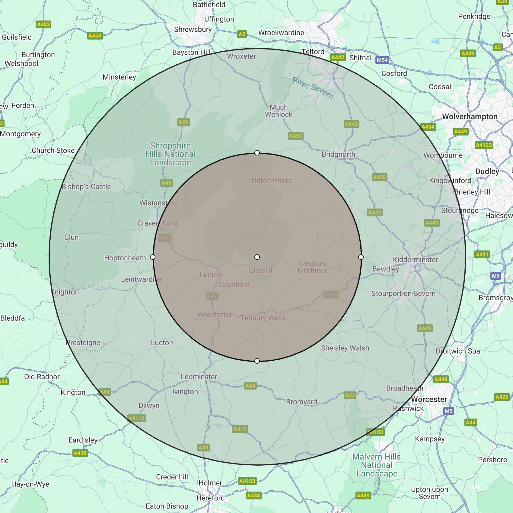 map of the delivery radius of kiln dried logs around ludlow, cleobury mortimer, tenbury wells, craven arms, ditton priors, leominster, bewedley kidderminster. 